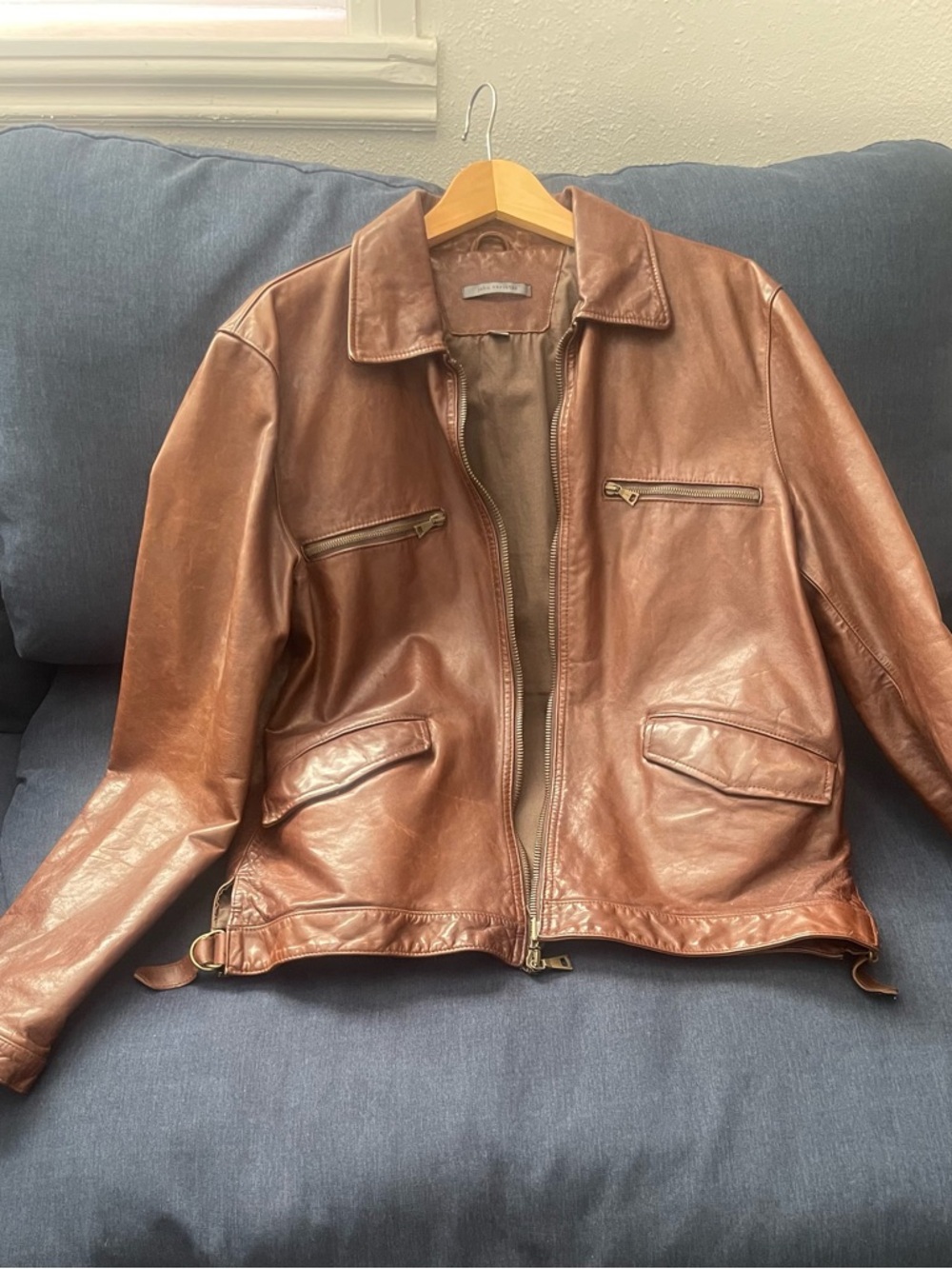 John Varvatos Cognac Brown Leather Bomber Jacket